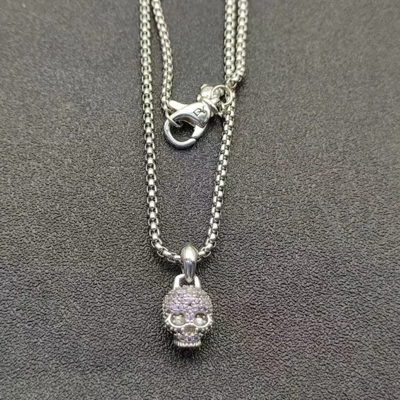 David Yurman Silver Skull Pendant Necklace with Light Purple Crystal Accents - Picture 2 of 3